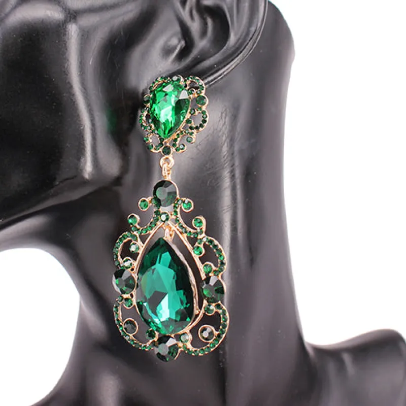 GOLD EMERALD GREEN DANGLING CLIP ON EARRINGS ( 8240 GDEMR ) sold by Oh My Jewelry