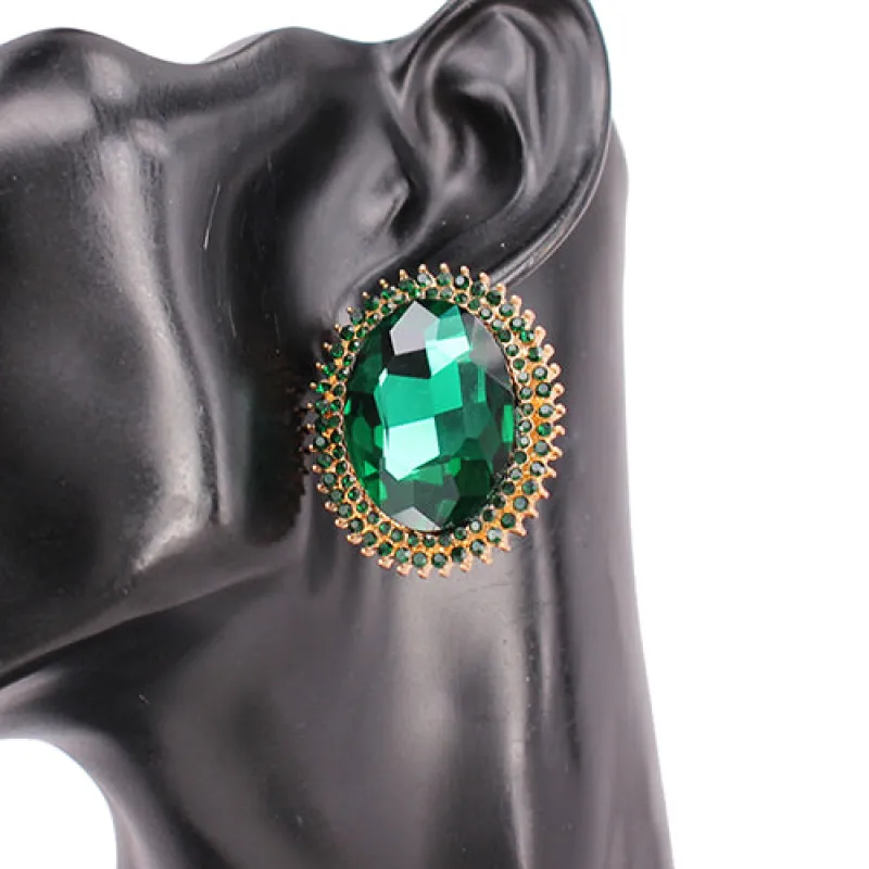 GOLD EMERALD GREEN OVAL CLIP ON EARRINGS ( 8219 GDEMR ) sold by Oh My Jewelry