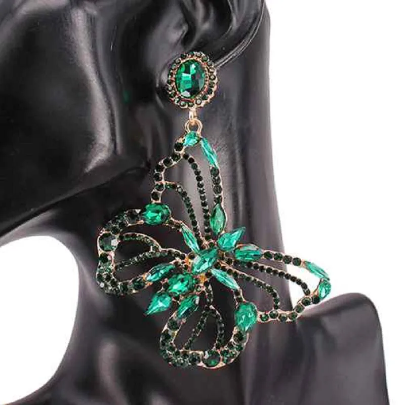 DANGLING GOLD BUTTERFLY EARRINGS EMERALD GREEN STONES ( 8259 GDEMR ) sold by Oh My Jewelry