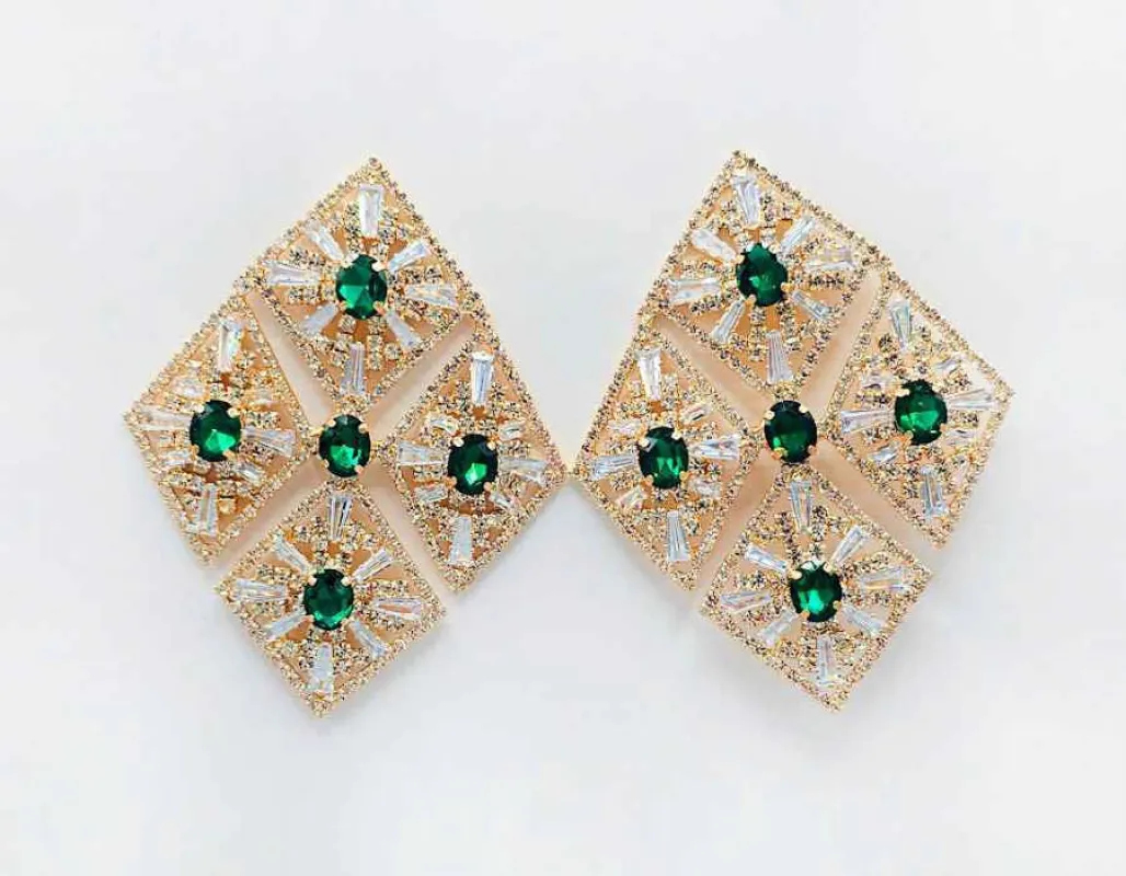 GLASS STATEMENT EARRINGS GOLD EMERALD GREEN ( 2696 EM ) made by Oh My Jewelry