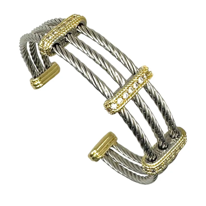 SILVER GOLD CUFF BANGLE CLEAR CZ STONES ( 9758 B ) sold by Oh My Jewelry