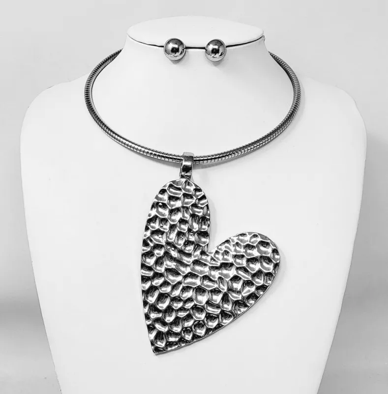 HEART CHOKER NECKLACE SET SILVER ( 10963 R ) sold by Oh My Jewelry