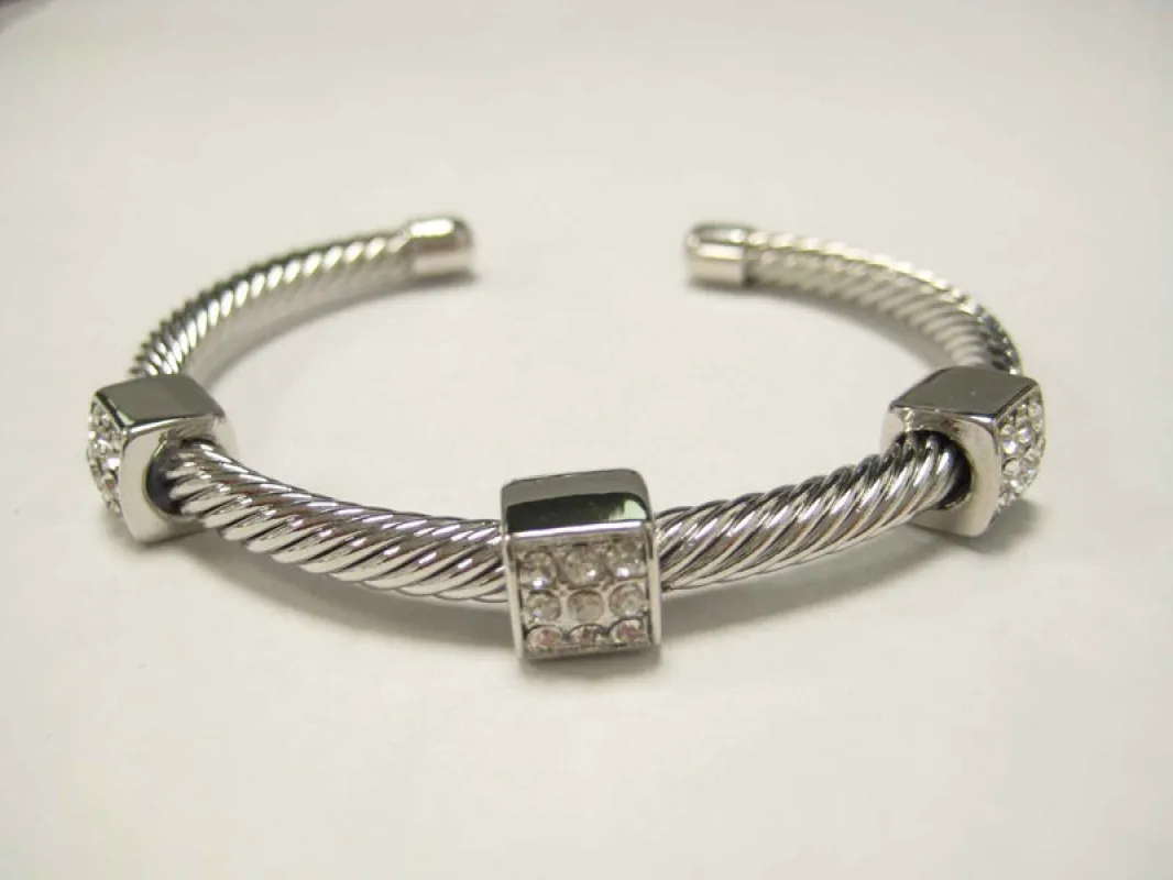 SILVER CUFF BANGLE CLEAR STONES ( 895 S ) sold by Oh My Jewelry