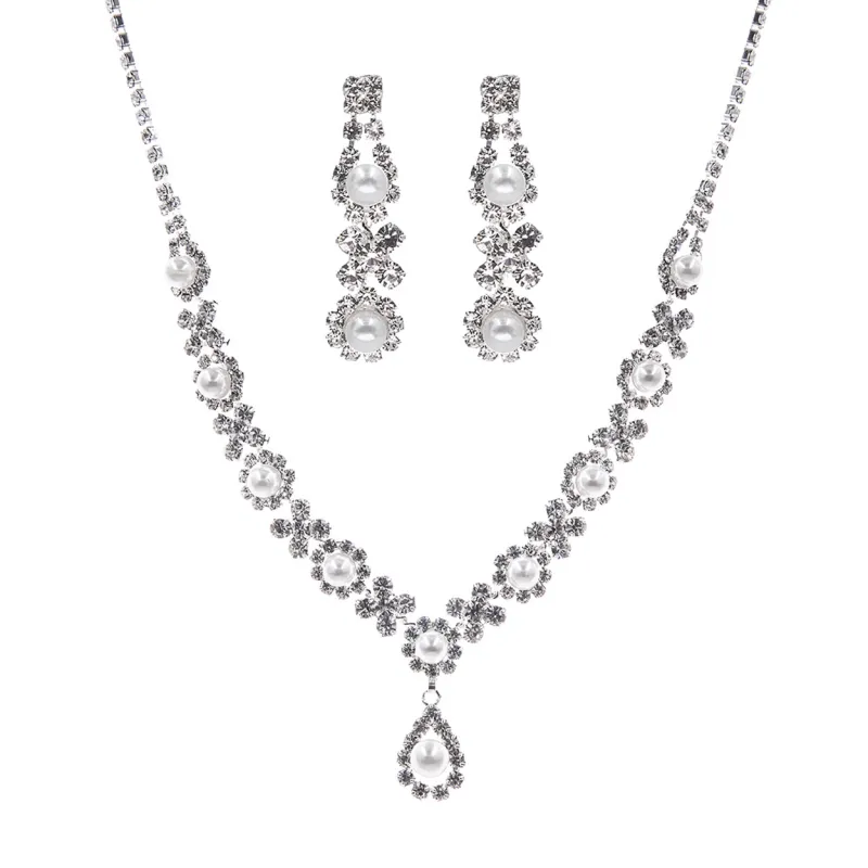 SILVER NECKLACE SET PEARL CLEAR STONES ( 17021 CRS ) sold by Oh My Jewelry
