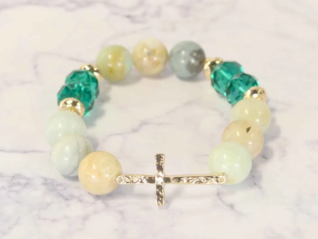 NATURAL STONE STRETCH BRACELET CROSS GREEN ( 0921 GLGRN ) sold by Oh My Jewelry