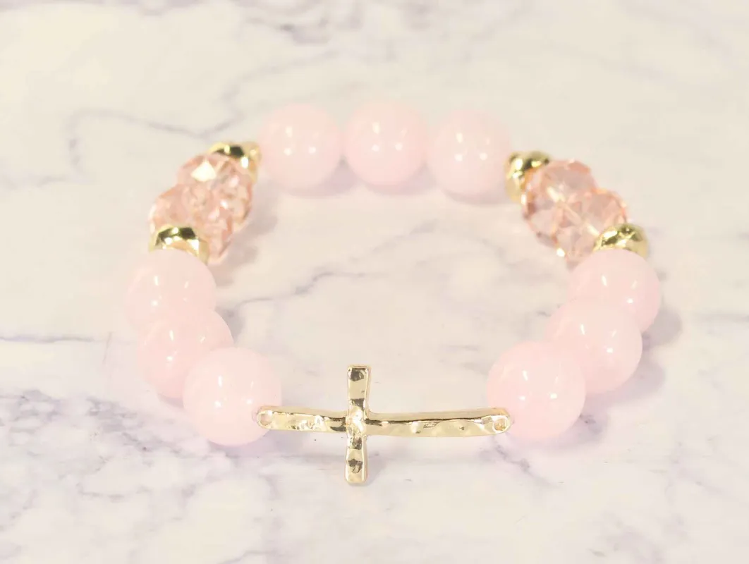 NATURAL STONE STRETCH BRACELET CROSS PINK ( 0919 GLPNK ) sold by Oh My Jewelry
