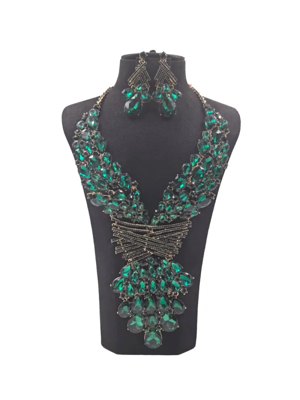 LARGE NECKLACE SET BIG STONES GREEN ( 0151 2G ) made by Oh My Jewelry