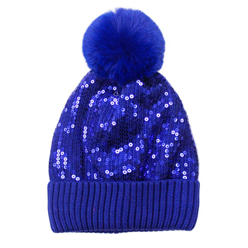 BEANIE SEQUIN POM POM BLUE ( 2752 BL ) sold by Oh My Jewelry