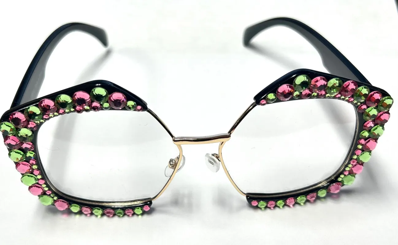 Clear Lens BLACK Frame PINK GREEN CRYSTAL Stones Fashion Glasses UV 400 ( 1120 PKGR ) made by Oh My Jewelry