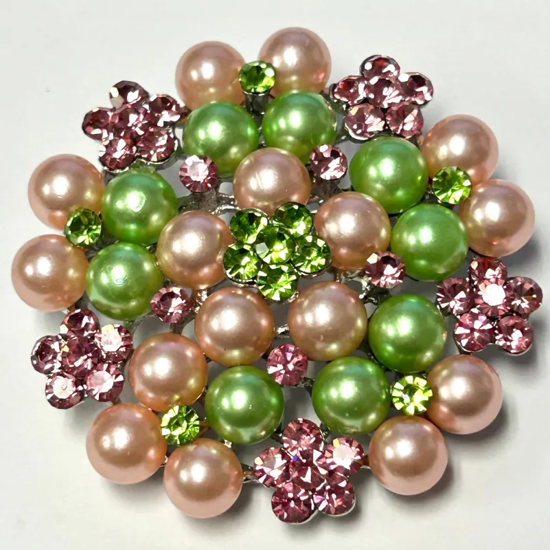 BROOCH RHINESTONES STONES PEARLS PINK GREEN ( 06690 PG ) made by Oh My Jewelry