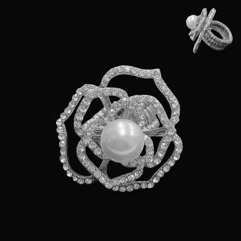 SILVER FLOWER STRETCH RING CLEAR STONES WHITE PEARL( RQ 136 ) sold by Oh My Jewelry
