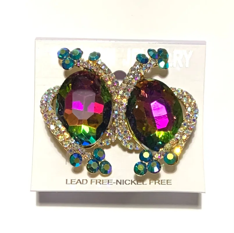 Gold Clip On Earrings Oval VITRAIL OIL SPILL Stones ( 1531 VM ) sold by Oh My Jewelry