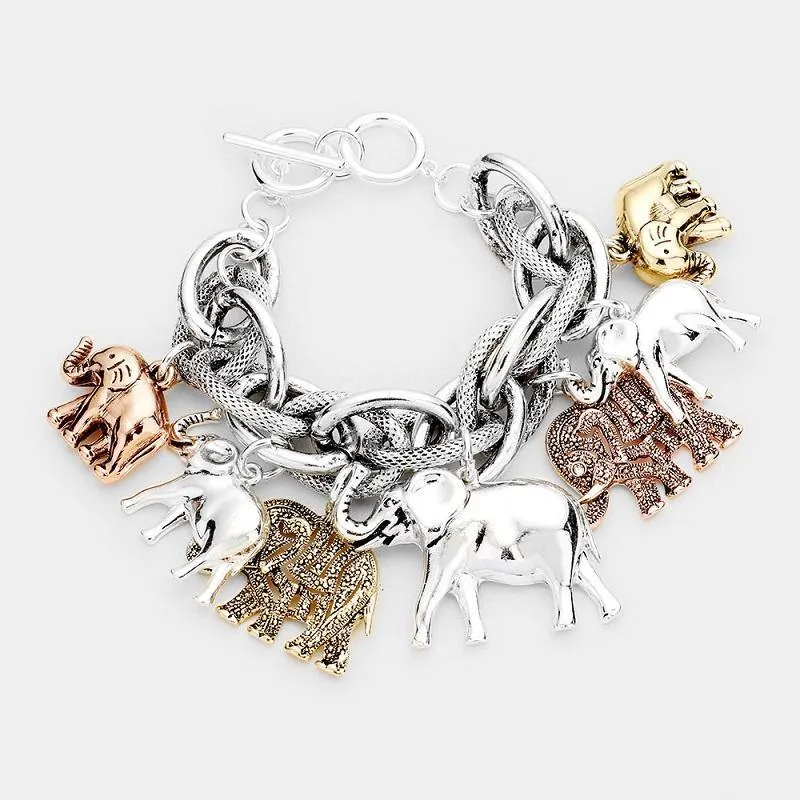 Chunky SILVER AND Gold Elephant Charm Double Linked Toggle Bracelet ( 8410 3T ) sold by Oh My Jewelry