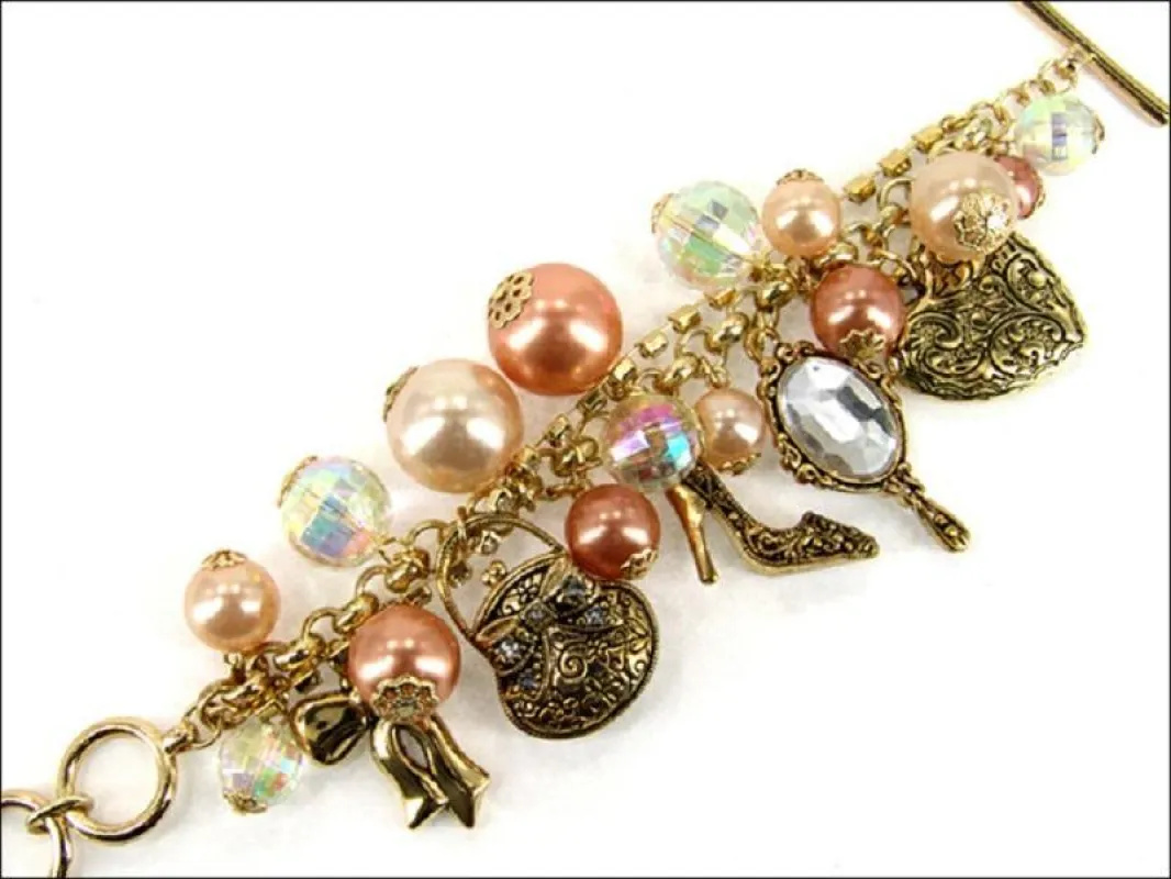 Chunky Peach Pearl, Gold Handbags, and Shoes Charm Bracelet ( 4601 AGPL ) sold by Oh My Jewelry
