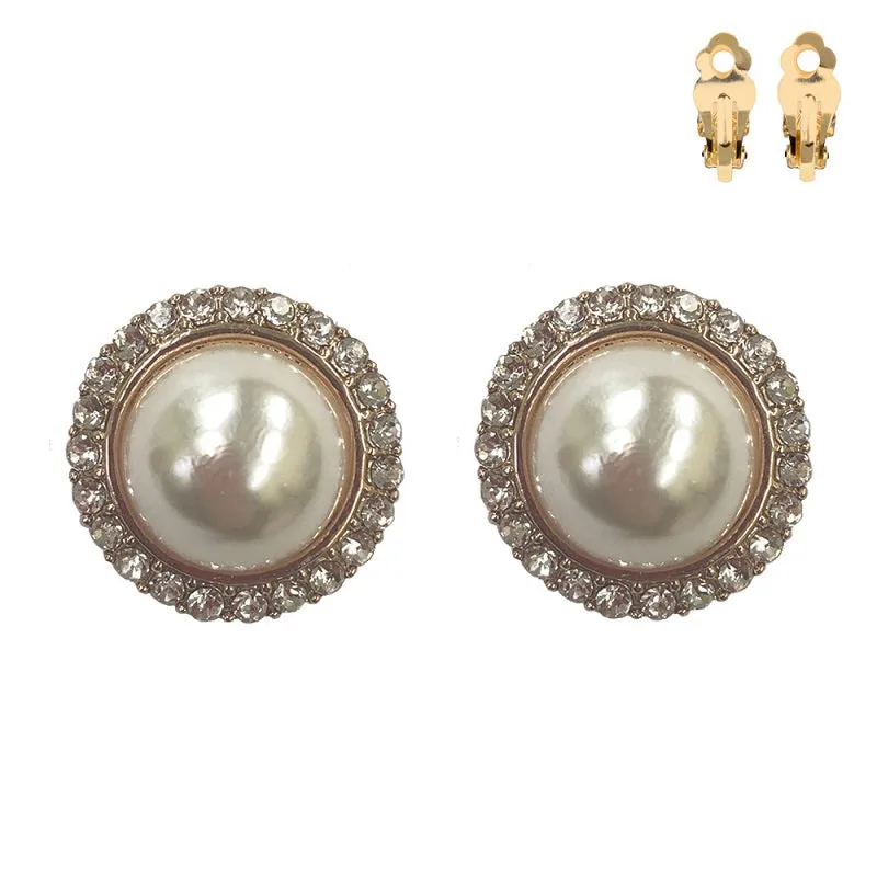 GOLD CREAM PEARL CLIP ON EARRINGS CLEAR STONES ( 276 GCR ) sold by Oh My Jewelry
