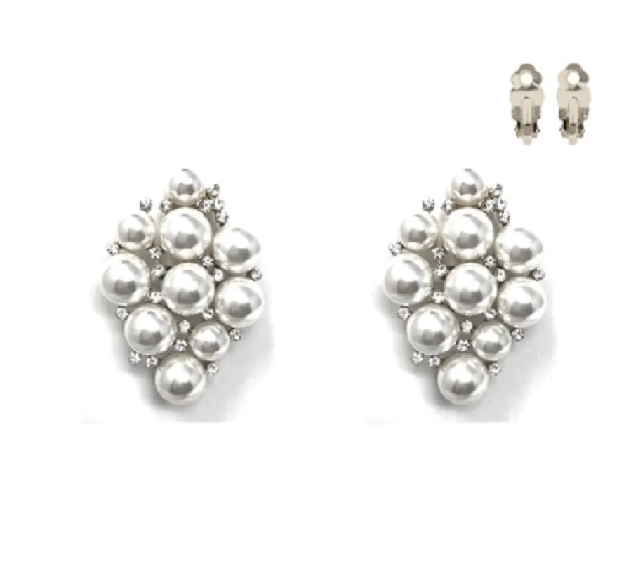 2" Long Large Clip On Earrings with White Pearls in Silver Setting ( 215 WH ) sold by Oh My Jewelry