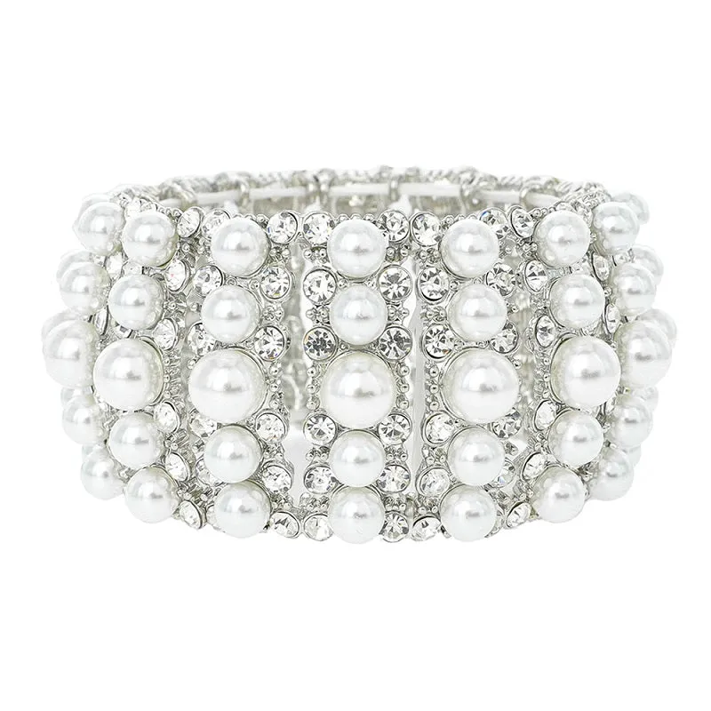 SILVER STRETCH BRACELET WHITE PEARLS CLEAR STONES ( 119 RWH ) sold by Oh My Jewelry