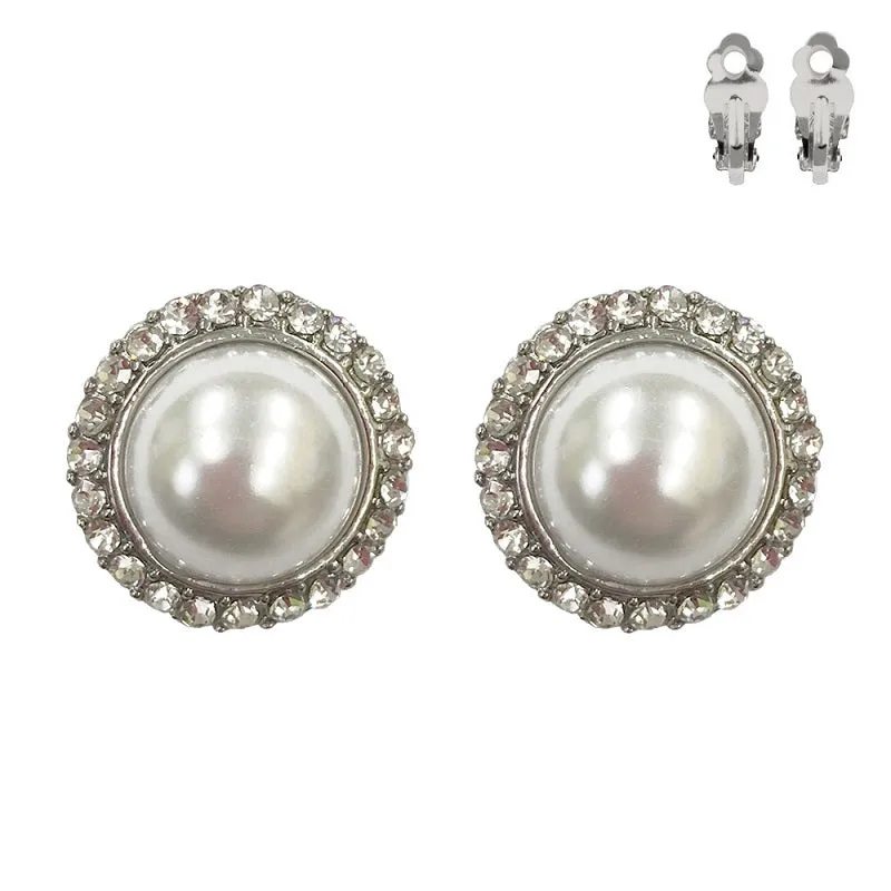 SILVER WHITE PEARL CLIP ON EARRINGS CLEAR STONES ( 276 RWH ) sold by Oh My Jewelry