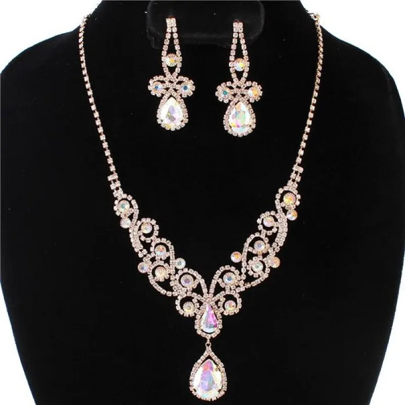 Gold Clear and AB Rhinestone Swirly Design Necklace Set sold by Oh My Jewelry