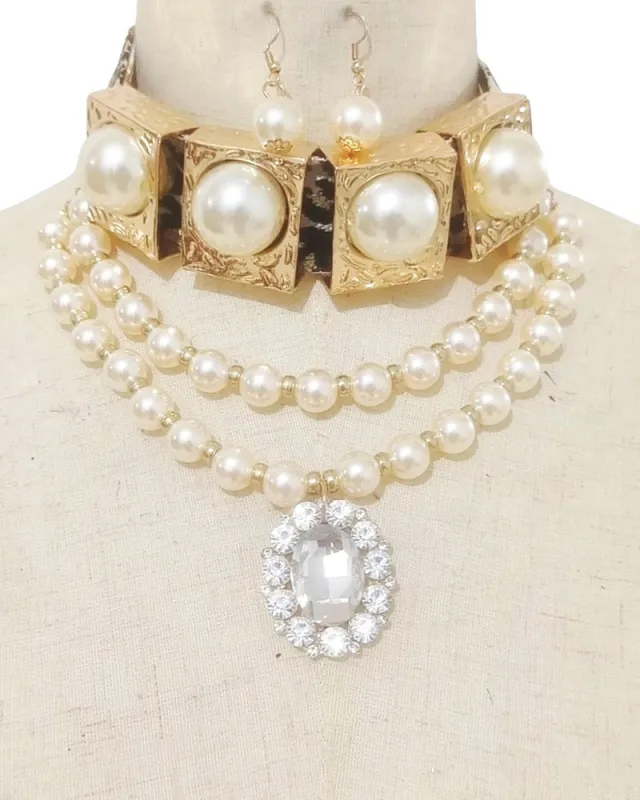 PEARL CHOKER NECKLACE SET ( 3699 GPLEOCRM ) sold by Oh My Jewelry