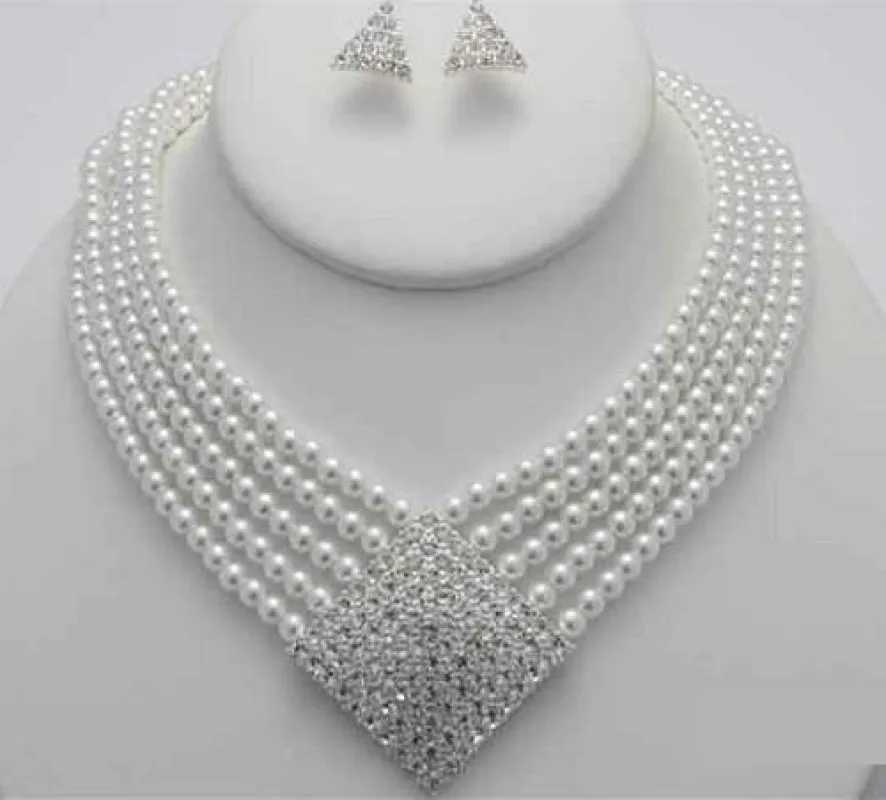 5 Line WHITE Pearl Necklace Set with Rhinestone Square Pendant ( 16291 SWH ) sold by Oh My Jewelry