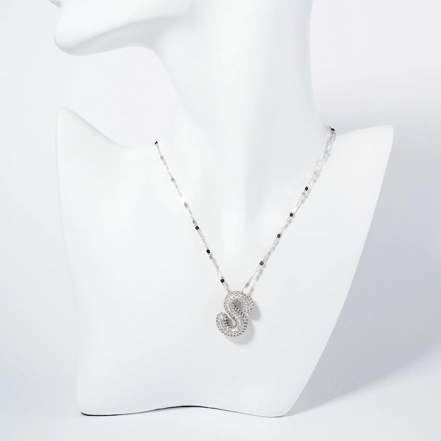 WHITE GOLD DIPPED S LETTER NECKLACE CLEAR CZ STONES ( 6113 RCS ) sold by Oh My Jewelry