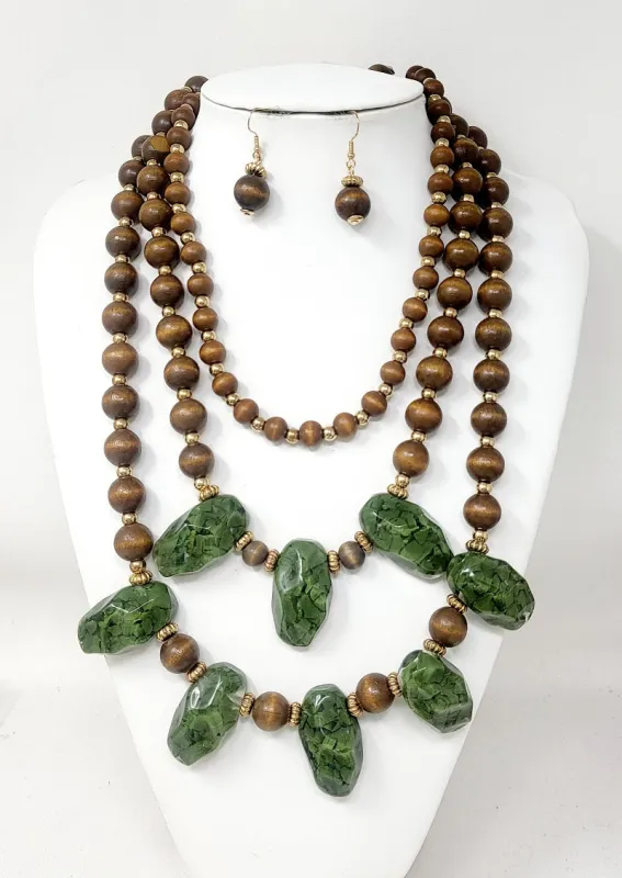 WOODEN STONE NECKLACE SET ( 10930 GGR ) sold by Oh My Jewelry
