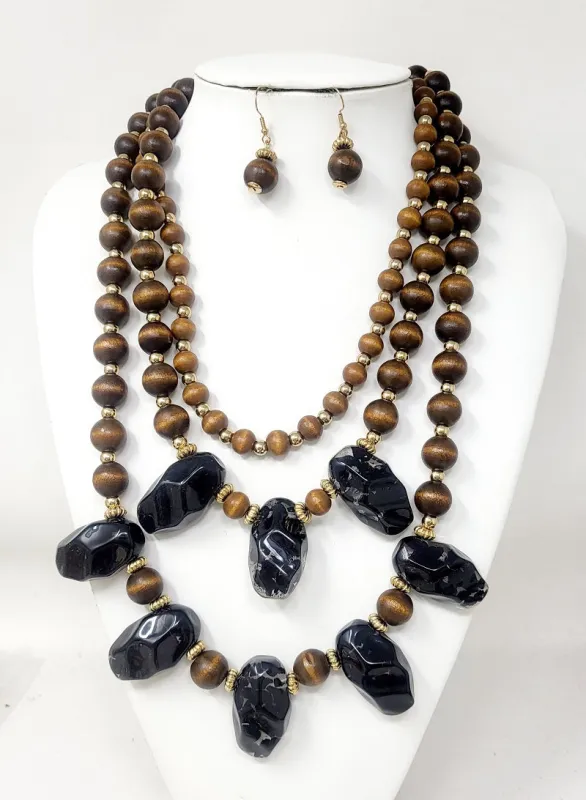 WOODEN STONE NECKLACE SET ( 10930 GBK ) sold by Oh My Jewelry