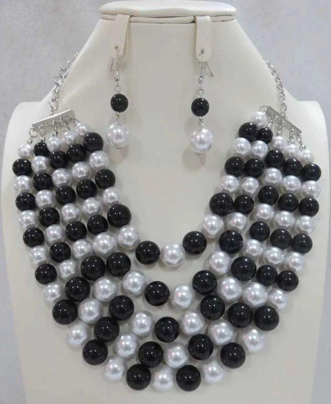 SILVER BLACK WHITE PEARL NECKLACE SET ( 604 BKWT ) sold by Oh My Jewelry