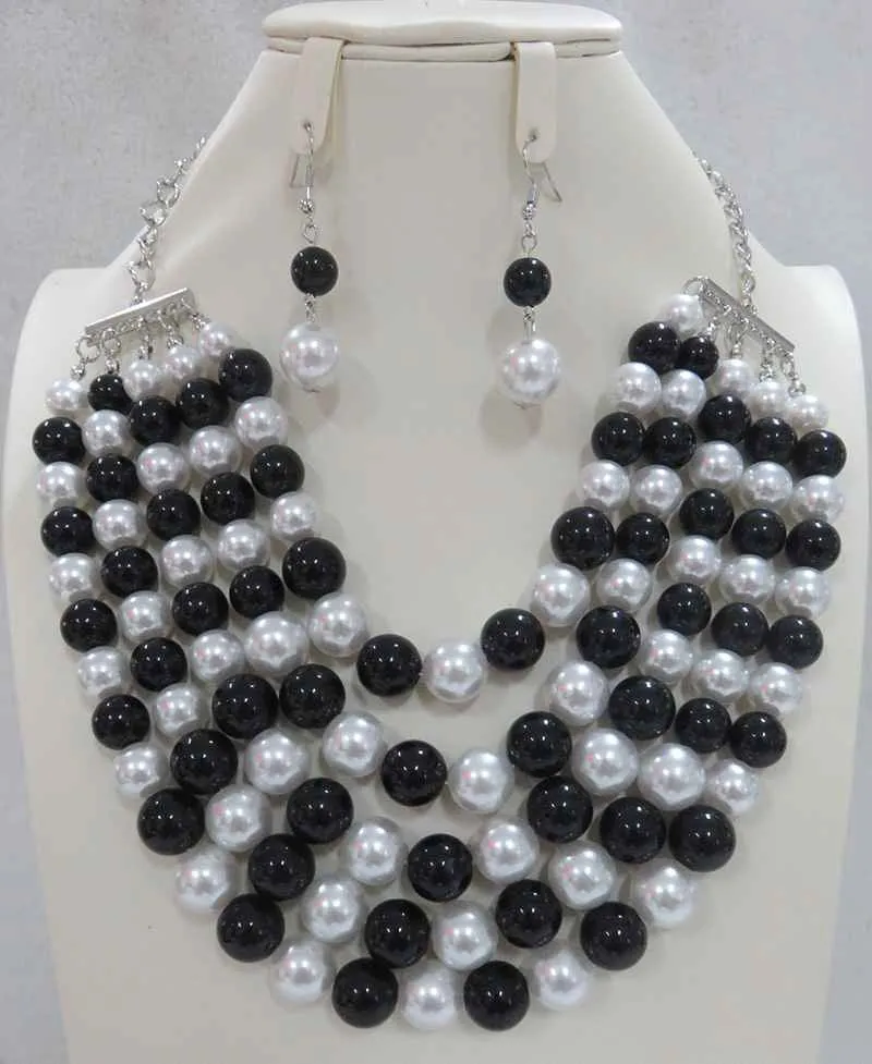 SILVER BLACK WHITE PEARL NECKLACE SET ( 604 BKWT ) sold by Oh My Jewelry