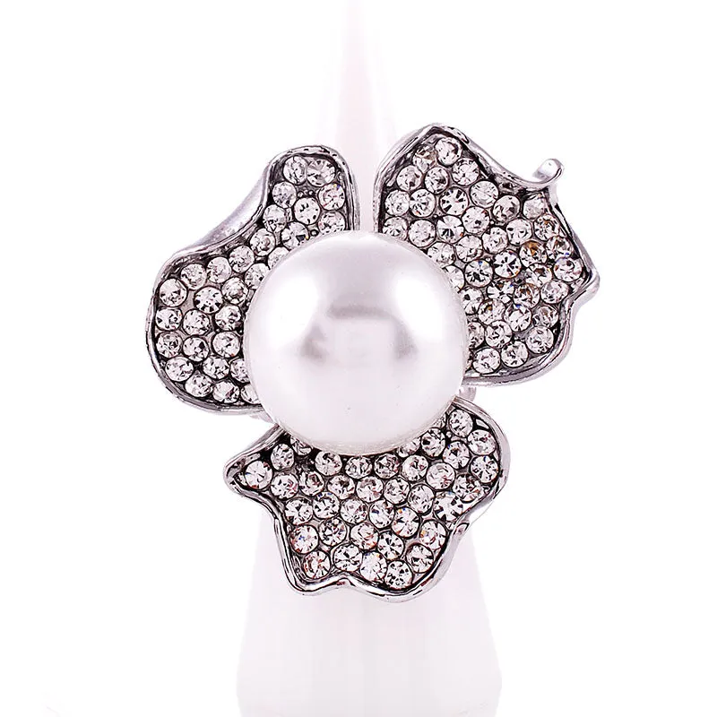 CRYSTAL FLOWER STRETCH RING PEARL ( 1330 SWP ) sold by Oh My Jewelry