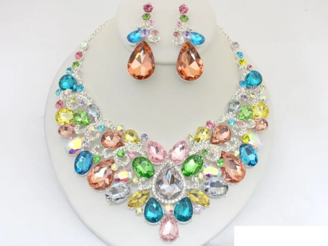 SILVER NECKLACE SET MULTI COLOR STONES ( 20633 SMUT ) sold by Oh My Jewelry