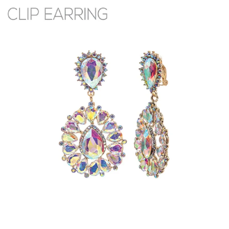 3" Gold AB Rhinestone Teardrop Shape CLIP ON Chandelier Earrings ( 26190 ) sold by Oh My Jewelry
