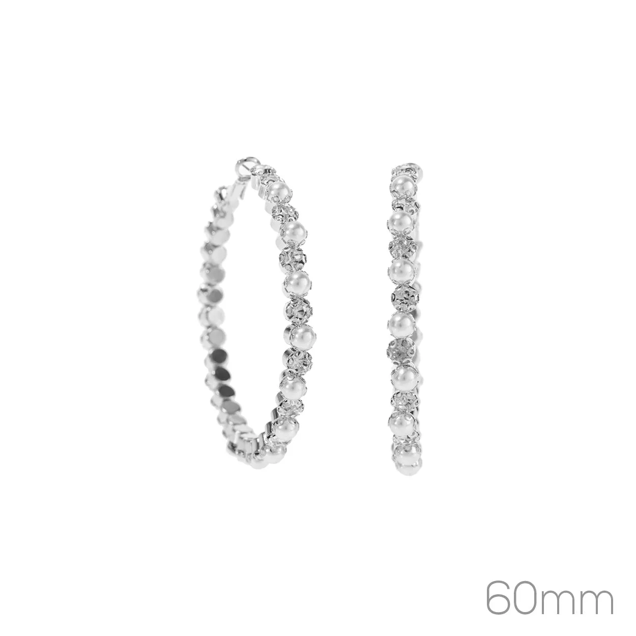 SILVER 60mm HOOP EARRINGS CLEAR STONES WHITE PEARLS ( 28074 60CRS ) sold by Oh My Jewelry