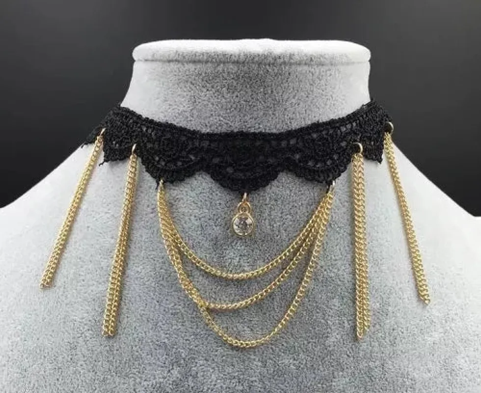 BLACK LACE CHOKER WITH GOLD CHAINS ( 5949 ) sold by Oh My Jewelry