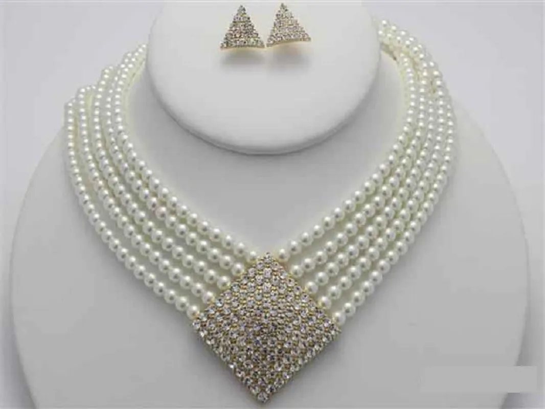GOLD CREAM 5 Line Pearl Necklace Set with Rhinestone Square Pendant ( 16291 GCRM ) sold by Oh My Jewelry