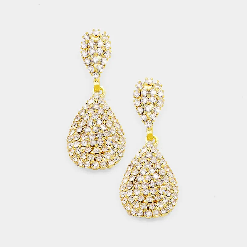GOLD CLEAR 1.25" Pave Double Teardrop Earrings ( 6024 GCL ) sold by Oh My Jewelry