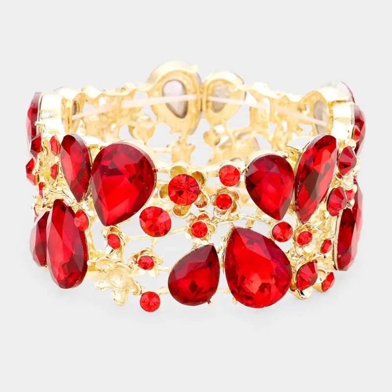 Gold Stretch Bracelet with Red Rhinestones ( 0115 2R ) sold by Oh My Jewelry
