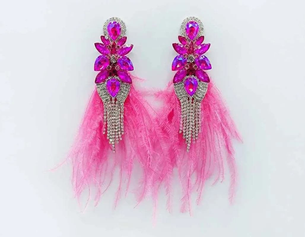 GOLD FUCHSIA FEATHER EARRINGS CLEAR FUCHSIA STONES ( 2603 FUC ) sold by Oh My Jewelry