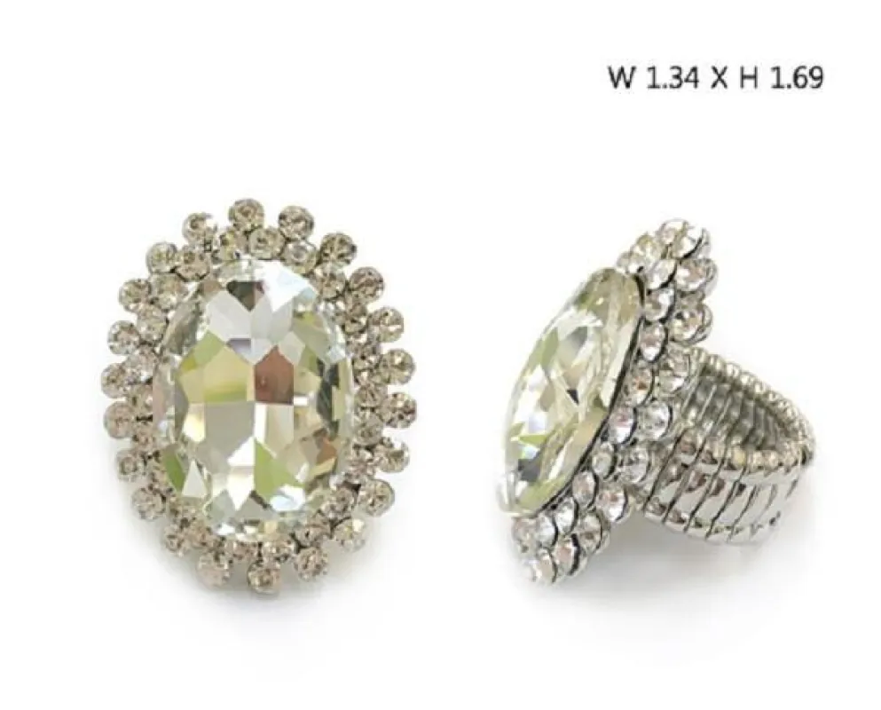Large Oval Silver Clear Stone and Clear Rhinestone Stretch Ring ( 555RCA ) sold by Oh My Jewelry