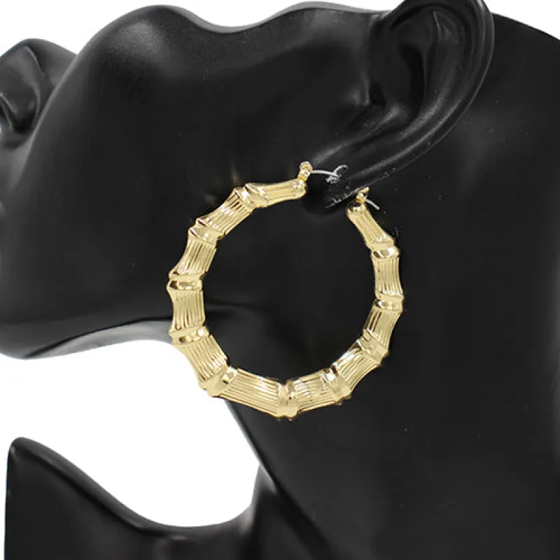 GOLD BAMBOO HOOP EARRINGS ( 4404 40GD ) sold by Oh My Jewelry