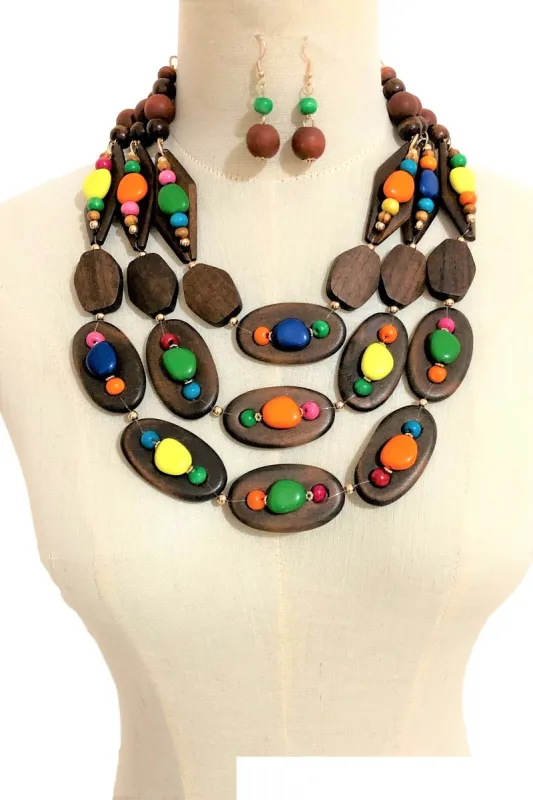 WOODEN NECKLACE SET MULTI COLOR ( 3360 WDMT ) sold by Oh My Jewelry