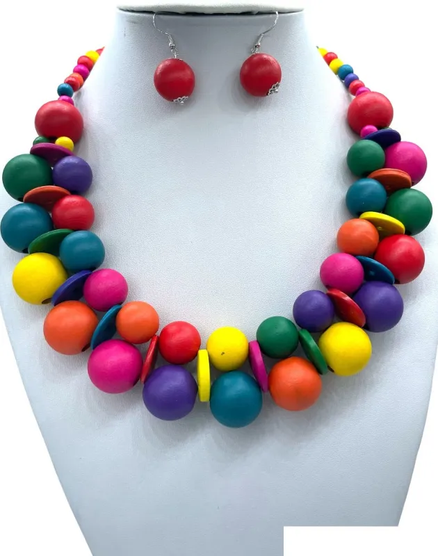 MULTICOLOR WOODEN NECKLACE SET ( 2921 WDMT ) sold by Oh My Jewelry