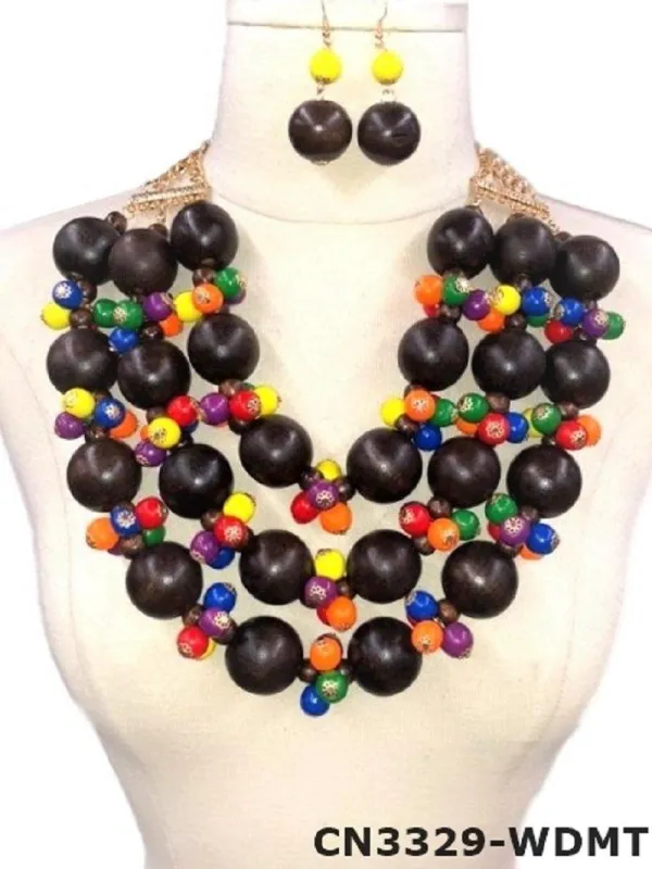GOLD MULTI COLOR WOODEN NECKLACE SET ( 3329 ) sold by Oh My Jewelry