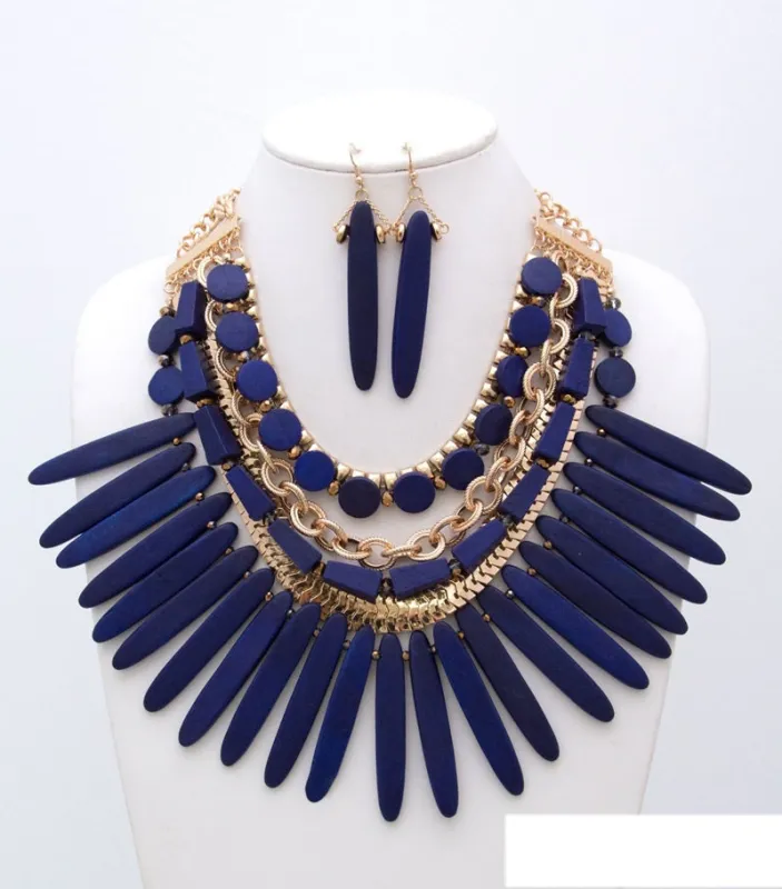 GOLD BLUE WOODEN NECKLACE SET ( 2906 GPBLUE ) sold by Oh My Jewelry
