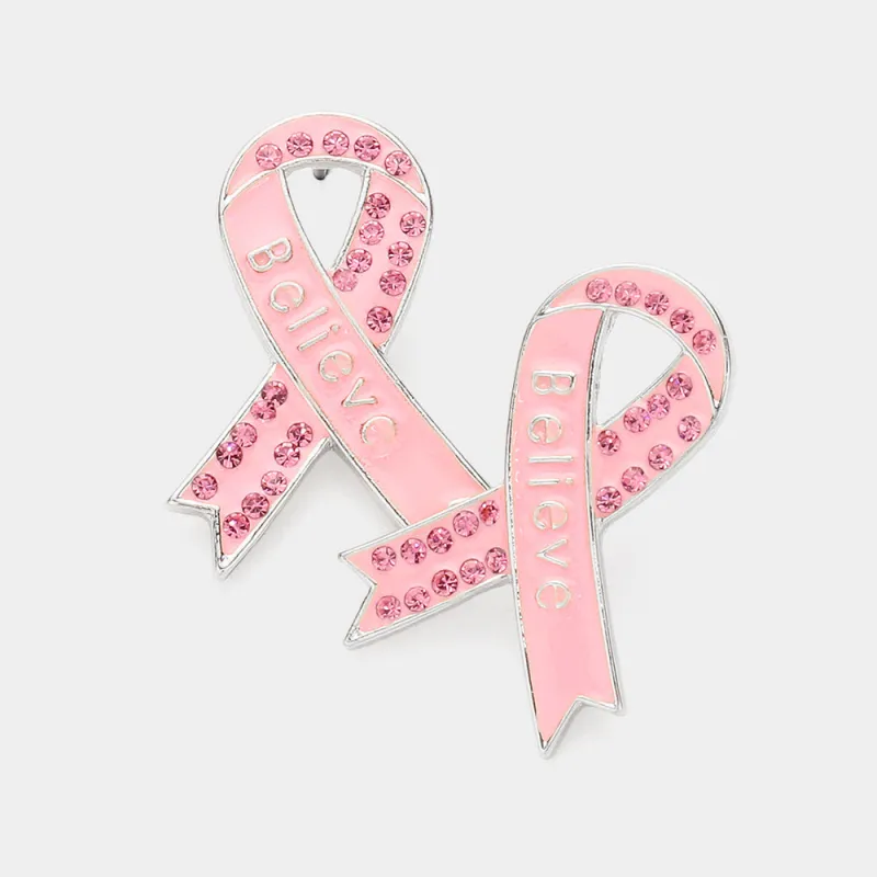 SILVER PINK RIBBON BELIEVE EARRINGS ( 2221 RHLPK ) sold by Oh My Jewelry