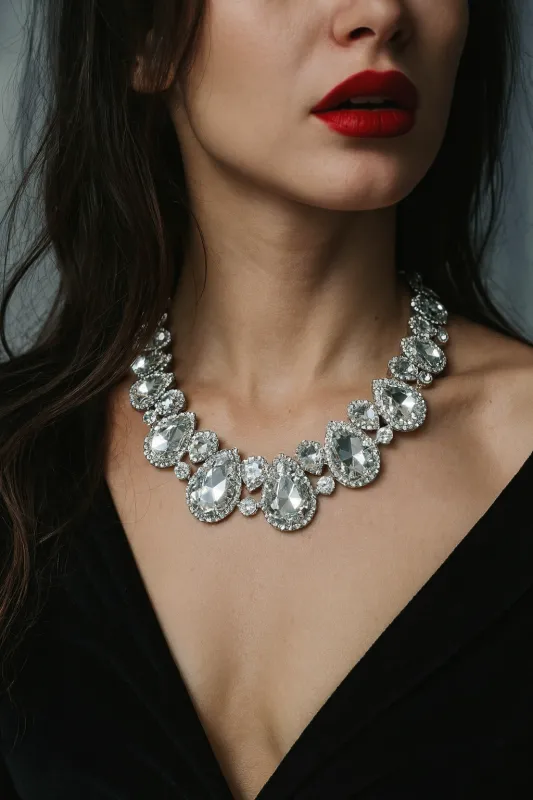 Clear Teardrop Stones with Surrounding Clear Stones Formal Necklace Sets ( 2045 RHCRY) made by Oh My Jewelry