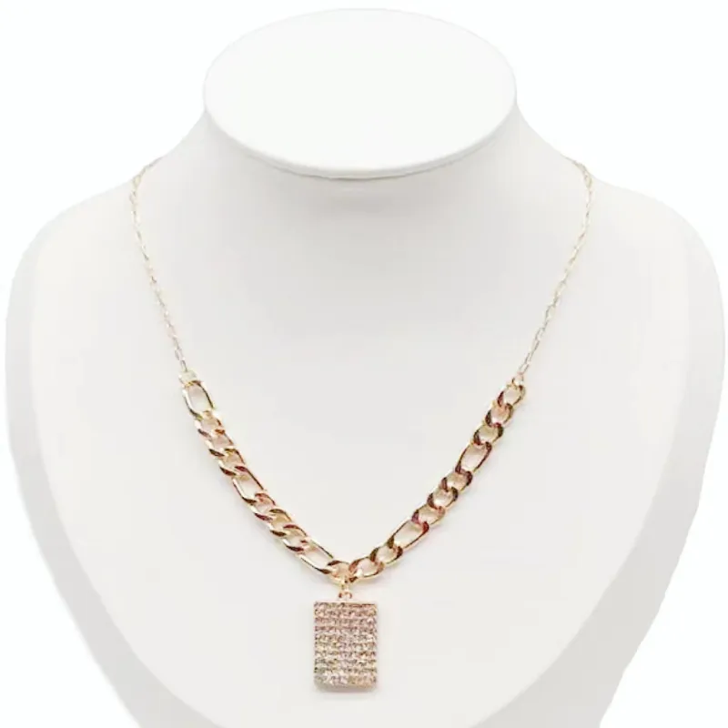 GOLD NECKLACE RECTANGLE PENDANT CLEAR STONES ( 0252 GDCR ) sold by Oh My Jewelry