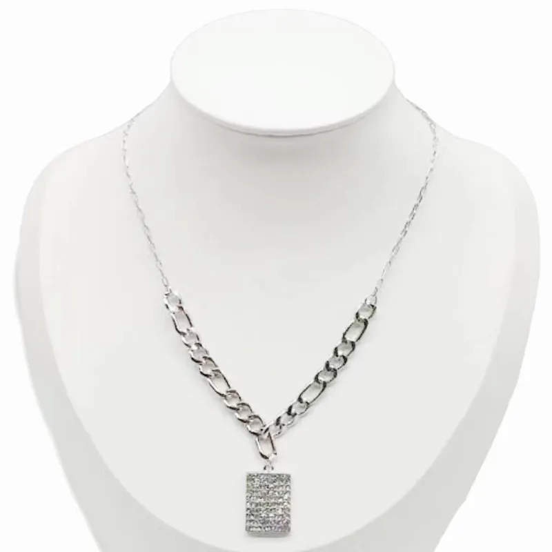 SILVER NECKLACE RECTANGLE PENDANT CLEAR STONES ( 0252 RHCR ) sold by Oh My Jewelry