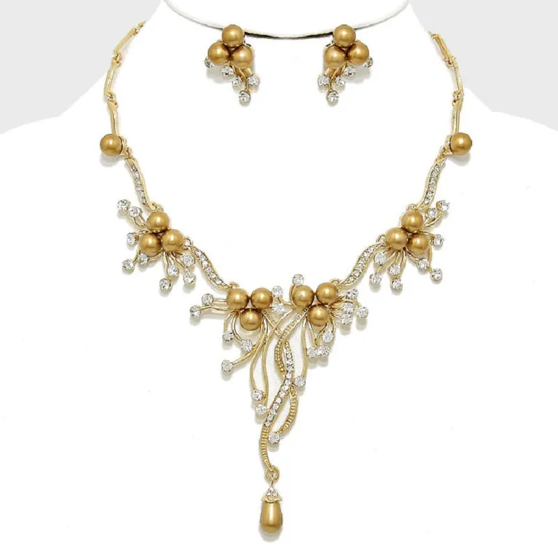 GOLD NECKLACE WITH RHINESTONES AND PEARLS AND MATCHING EARRINGS ( 9041 ) sold by Oh My Jewelry